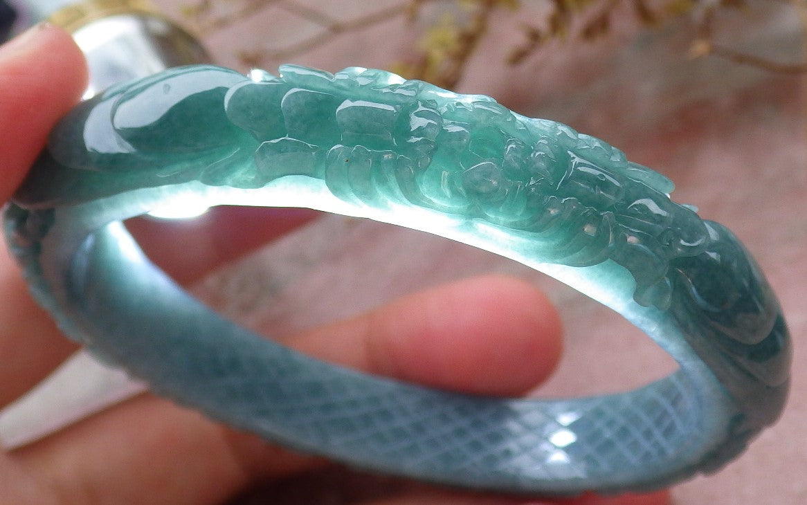 57mm Certified Hand Carved Green Natural Grade A JADE Jadeite Phoenix Flower Bangle Bracelet