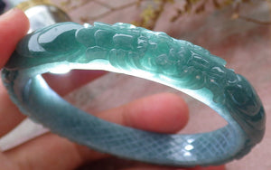57mm Certified Hand Carved Green Natural Grade A JADE Jadeite Phoenix Flower Bangle Bracelet