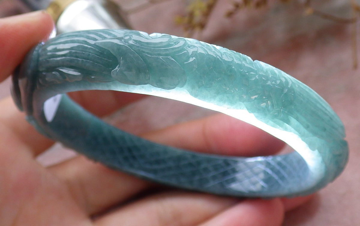 57mm Certified Hand Carved Green Natural Grade A JADE Jadeite Phoenix Flower Bangle Bracelet