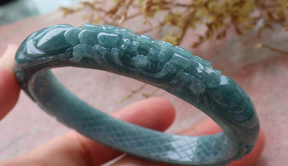 57mm Certified Hand Carved Green Natural Grade A JADE Jadeite Phoenix Flower Bangle Bracelet