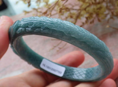 57mm Certified Hand Carved Green Natural Grade A JADE Jadeite Phoenix Flower Bangle Bracelet