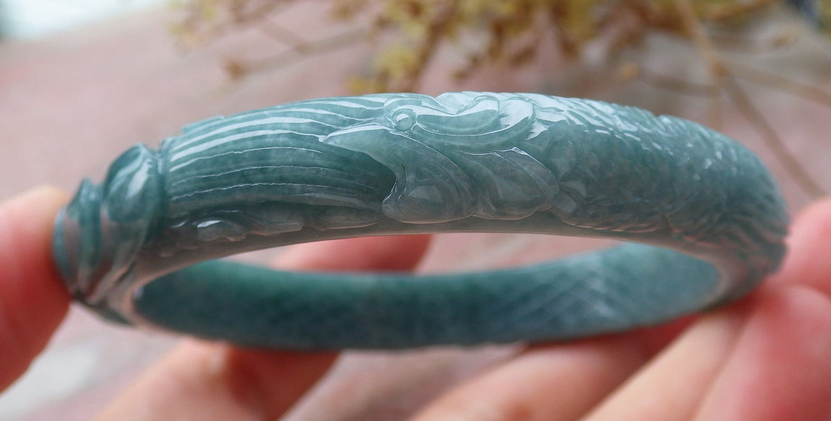 57mm Certified Hand Carved Green Natural Grade A JADE Jadeite Phoenix Flower Bangle Bracelet