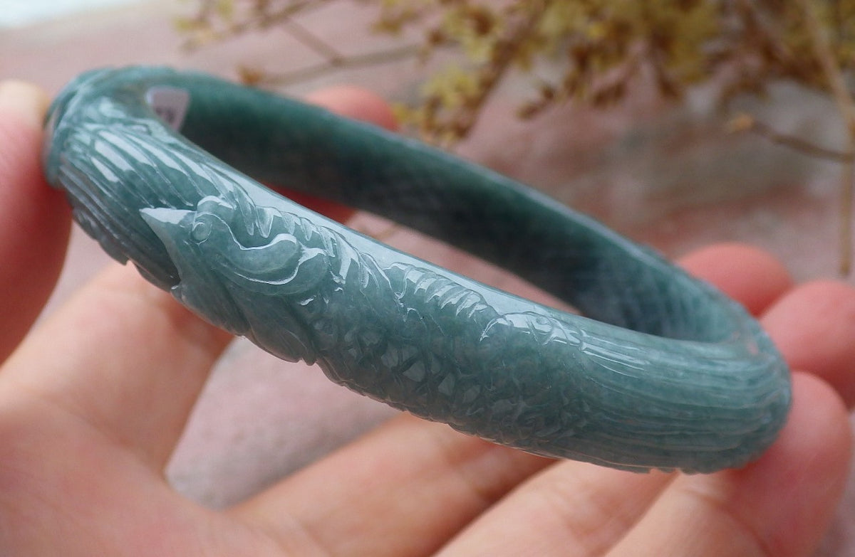 57mm Certified Hand Carved Green Natural Grade A JADE Jadeite Phoenix Flower Bangle Bracelet