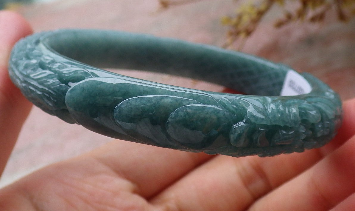 57mm Certified Hand Carved Green Natural Grade A JADE Jadeite Phoenix Flower Bangle Bracelet