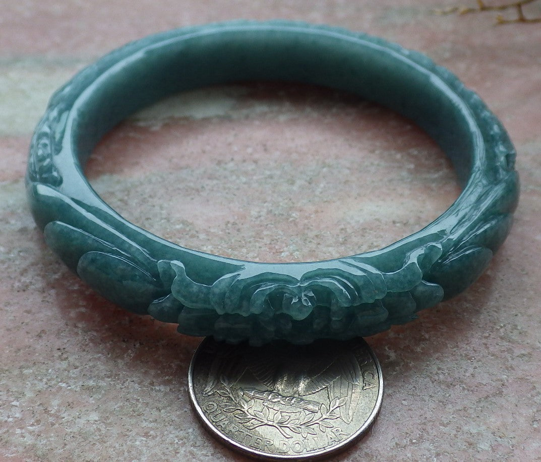 57mm Certified Hand Carved Green Natural Grade A JADE Jadeite Phoenix Flower Bangle Bracelet
