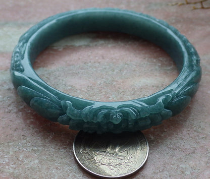 57mm Certified Hand Carved Green Natural Grade A JADE Jadeite Phoenix Flower Bangle Bracelet