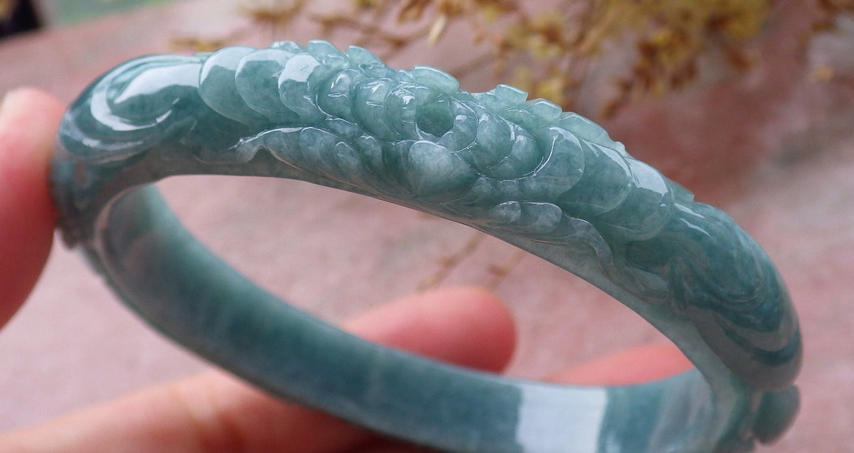 57mm Certified Hand Carved Green Natural A JADE Jadeite Phoenix Flower Circle Bangle Bracelet