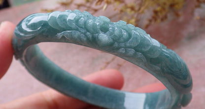 57mm Certified Hand Carved Green Natural A JADE Jadeite Phoenix Flower Circle Bangle Bracelet