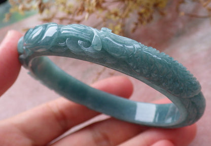 57mm Certified Hand Carved Green Natural A JADE Jadeite Phoenix Flower Circle Bangle Bracelet