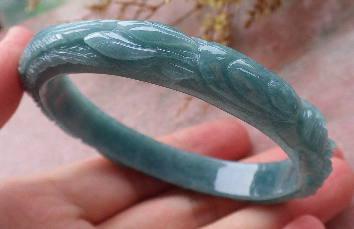 57mm Certified Hand Carved Green Natural A JADE Jadeite Phoenix Flower Circle Bangle Bracelet