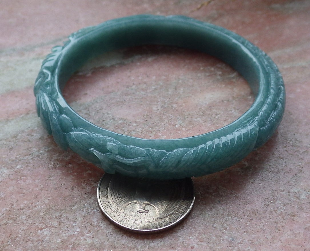 57mm Certified Hand Carved Green Natural A JADE Jadeite Phoenix Flower Circle Bangle Bracelet