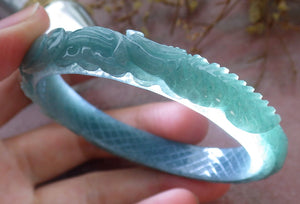 56mm Certified Hand Carved Natural Grade A JADE Jadeite Phoenix Flower Bangle Bracelet