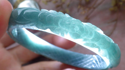 56mm Certified Hand Carved Natural Grade A JADE Jadeite Phoenix Flower Bangle Bracelet