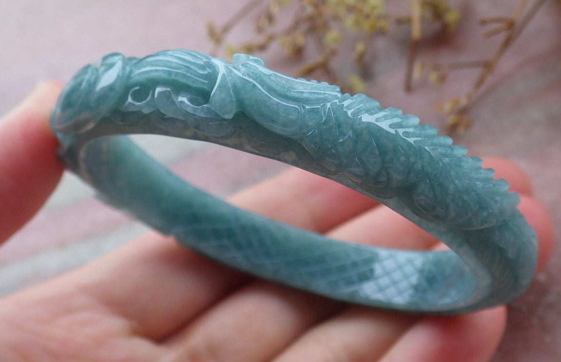 56mm Certified Hand Carved Natural Grade A JADE Jadeite Phoenix Flower Bangle Bracelet