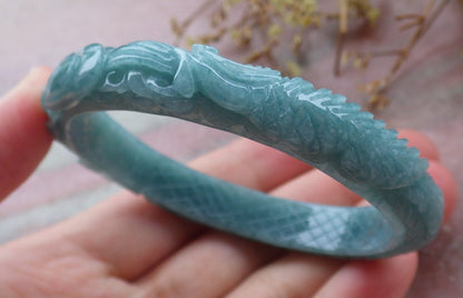 56mm Certified Hand Carved Natural Grade A JADE Jadeite Phoenix Flower Bangle Bracelet