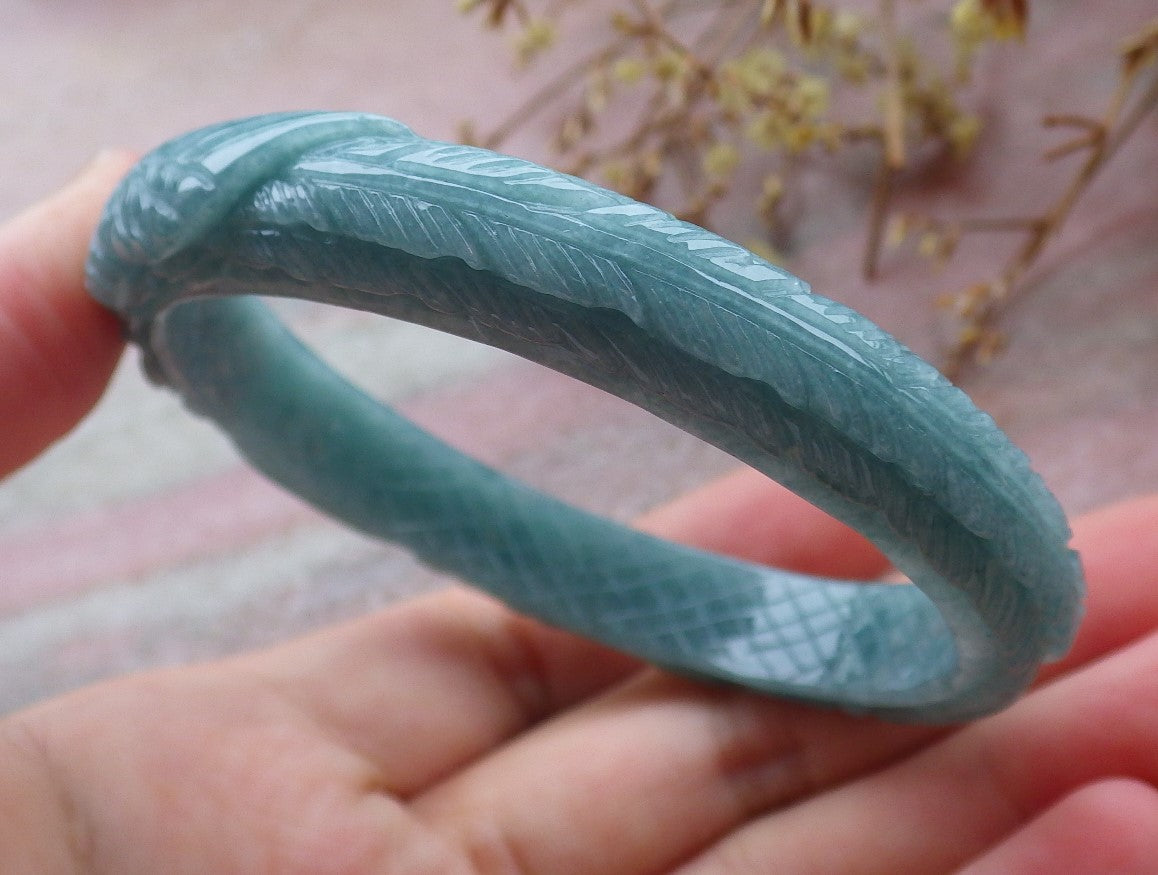 56mm Certified Hand Carved Natural Grade A JADE Jadeite Phoenix Flower Bangle Bracelet