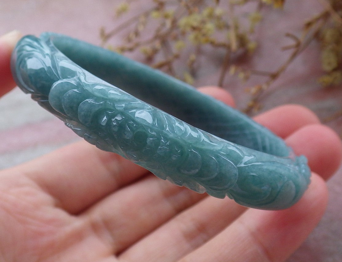 56mm Certified Hand Carved Natural Grade A JADE Jadeite Phoenix Flower Bangle Bracelet