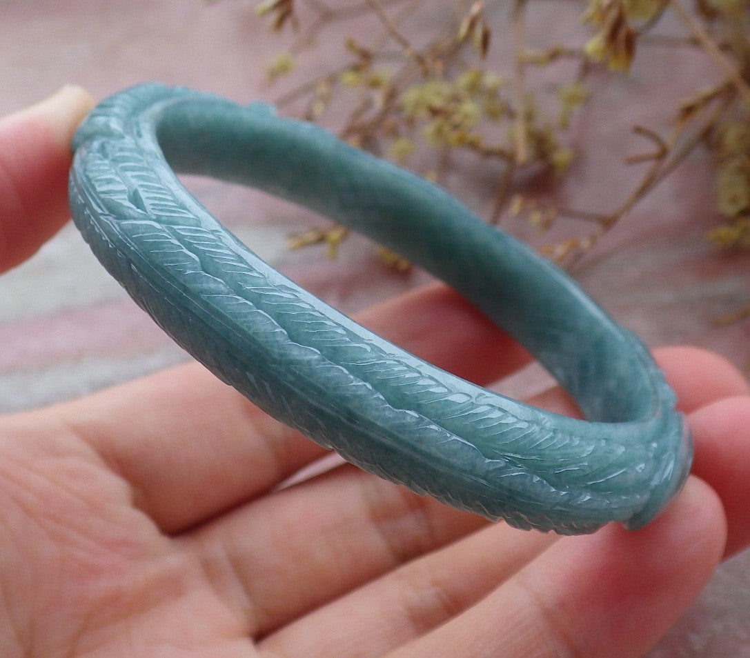 56mm Certified Hand Carved Natural Grade A JADE Jadeite Phoenix Flower Bangle Bracelet
