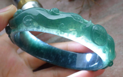 62mm Certified Hand Carved Green Natural A JADE Jadeite Dragon Phoenix Circle Bangle Bracelet