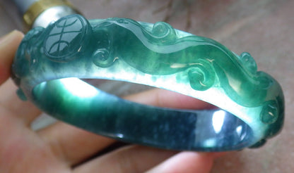 62mm Certified Hand Carved Green Natural A JADE Jadeite Dragon Phoenix Circle Bangle Bracelet