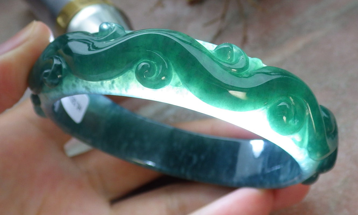 62mm Certified Hand Carved Green Natural A JADE Jadeite Dragon Phoenix Circle Bangle Bracelet