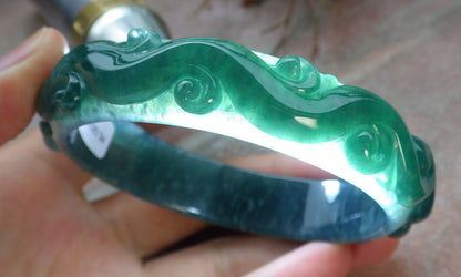 62mm Certified Hand Carved Green Natural A JADE Jadeite Dragon Phoenix Circle Bangle Bracelet