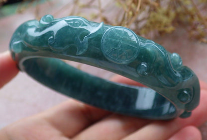 62mm Certified Hand Carved Green Natural A JADE Jadeite Dragon Phoenix Circle Bangle Bracelet