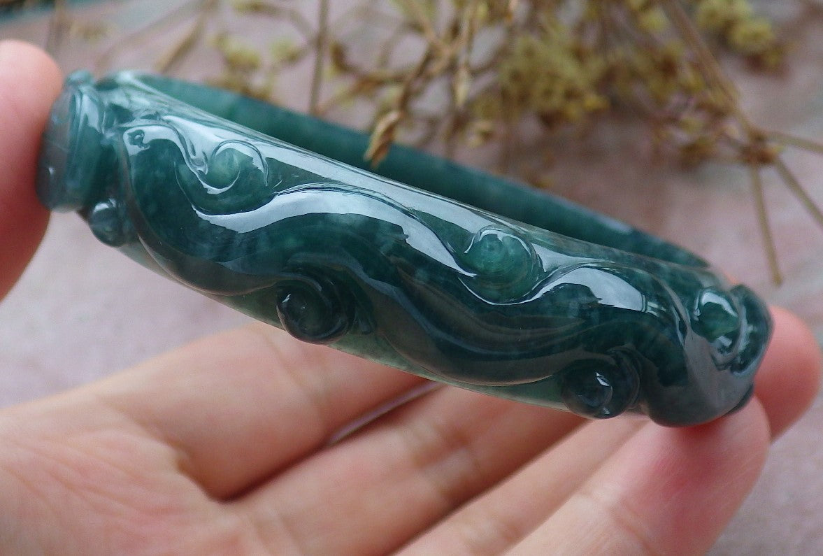 62mm Certified Hand Carved Green Natural A JADE Jadeite Dragon Phoenix Circle Bangle Bracelet