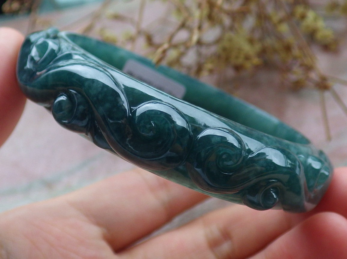 62mm Certified Hand Carved Green Natural A JADE Jadeite Dragon Phoenix Circle Bangle Bracelet