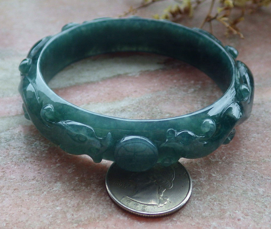 62mm Certified Hand Carved Green Natural A JADE Jadeite Dragon Phoenix Circle Bangle Bracelet