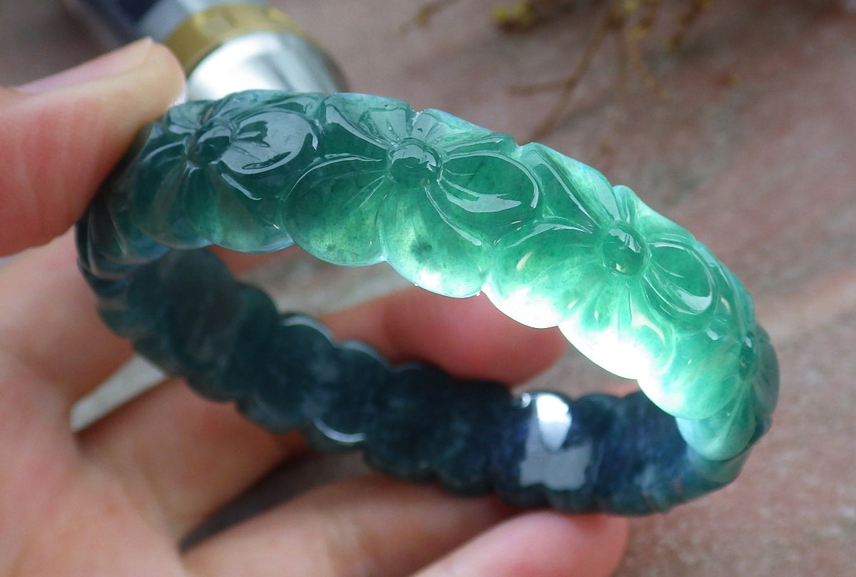 56mm Certified Hand Carved Natural A JADE Jadeite Rose Flower Circle Bangle Bracelet