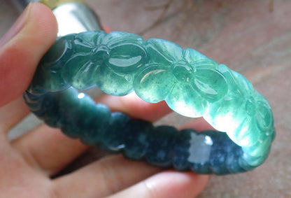 56mm Certified Hand Carved Natural A JADE Jadeite Rose Flower Circle Bangle Bracelet