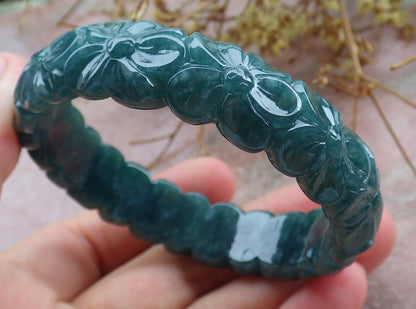 56mm Certified Hand Carved Natural A JADE Jadeite Rose Flower Circle Bangle Bracelet
