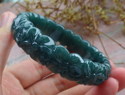 56mm Certified Hand Carved Natural A JADE Jadeite Rose Flower Circle Bangle Bracelet