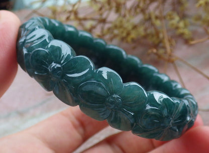 56mm Certified Hand Carved Natural A JADE Jadeite Rose Flower Circle Bangle Bracelet