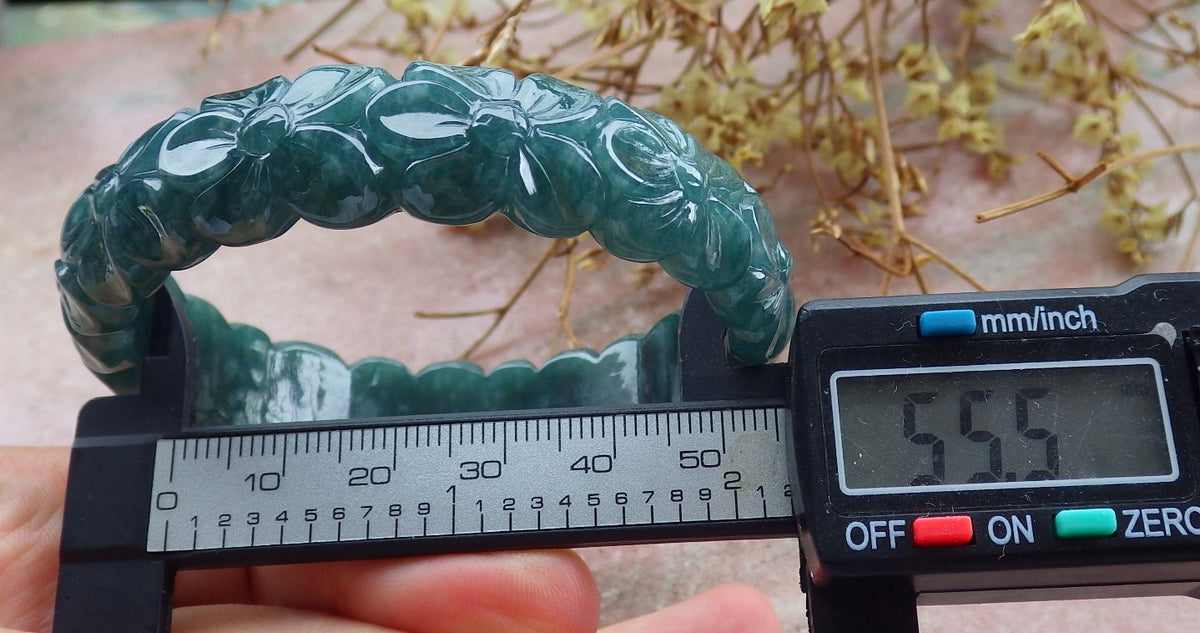 56mm Certified Hand Carved Natural A JADE Jadeite Rose Flower Circle Bangle Bracelet