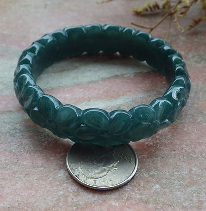 56mm Certified Hand Carved Natural A JADE Jadeite Rose Flower Circle Bangle Bracelet