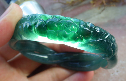 57mm Certified Hand Carved Natural A JADE Jadeite Rose Flower Circle Bangle Bracelet