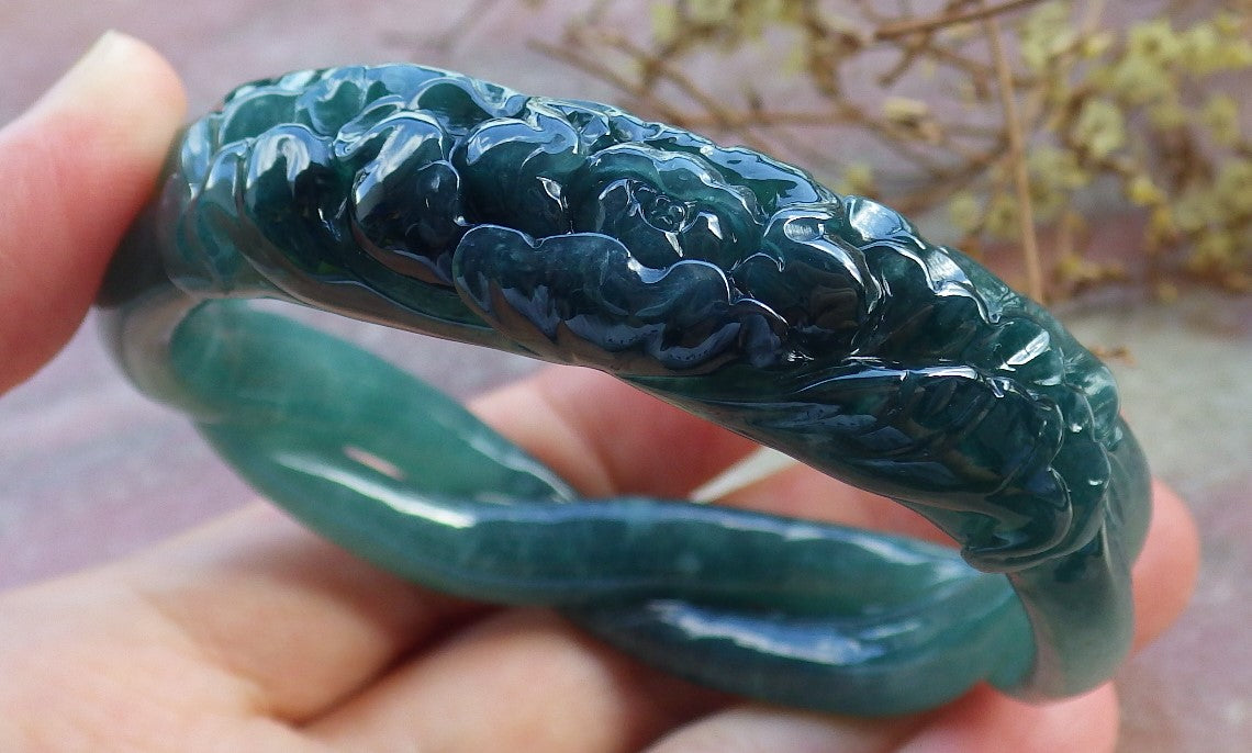 57mm Certified Hand Carved Natural A JADE Jadeite Rose Flower Circle Bangle Bracelet