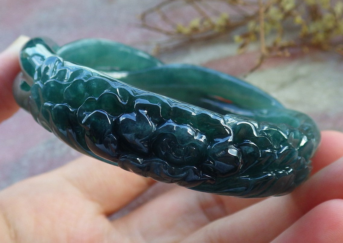 57mm Certified Hand Carved Natural A JADE Jadeite Rose Flower Circle Bangle Bracelet