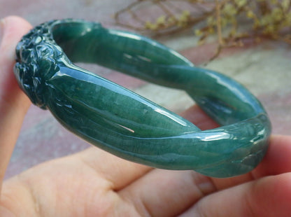 57mm Certified Hand Carved Natural A JADE Jadeite Rose Flower Circle Bangle Bracelet