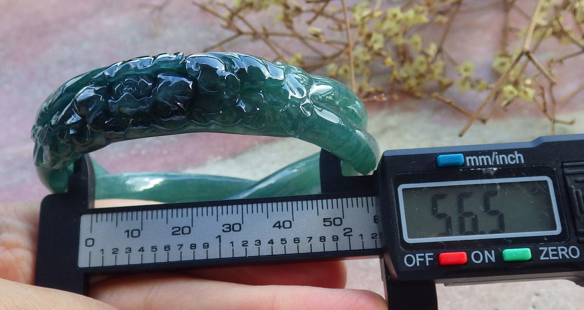 57mm Certified Hand Carved Natural A JADE Jadeite Rose Flower Circle Bangle Bracelet