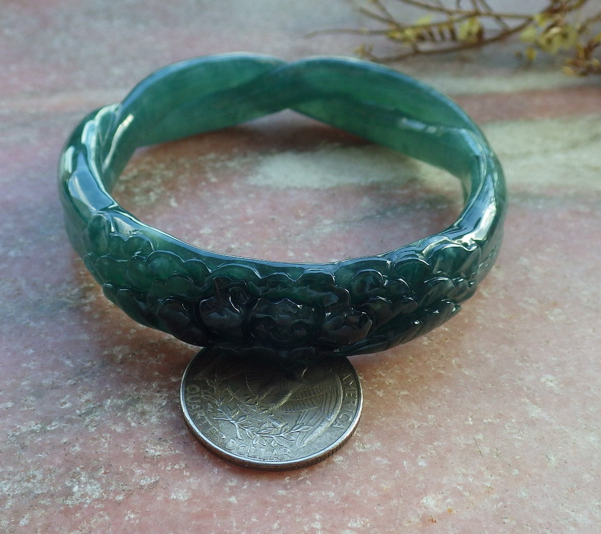 57mm Certified Hand Carved Natural A JADE Jadeite Rose Flower Circle Bangle Bracelet