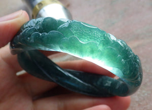 55mm Certified Hand Carved Blue Water Green Natural A JADE Jadeite Rose Flower Knotted Circle Bangle Bracelet
