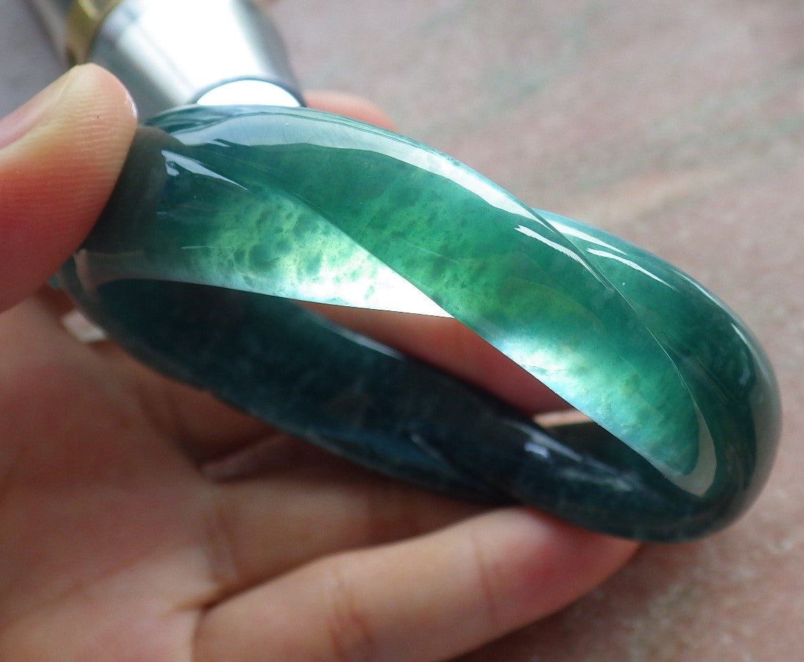 55mm Certified Hand Carved Blue Water Green Natural A JADE Jadeite Rose Flower Knotted Circle Bangle Bracelet
