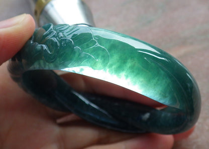 55mm Certified Hand Carved Blue Water Green Natural A JADE Jadeite Rose Flower Knotted Circle Bangle Bracelet