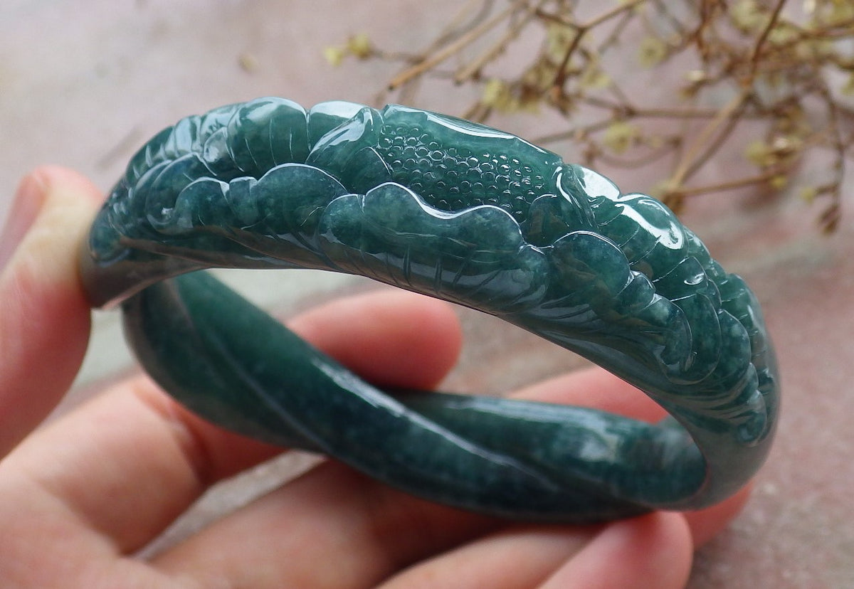 55mm Certified Hand Carved Blue Water Green Natural A JADE Jadeite Rose Flower Knotted Circle Bangle Bracelet