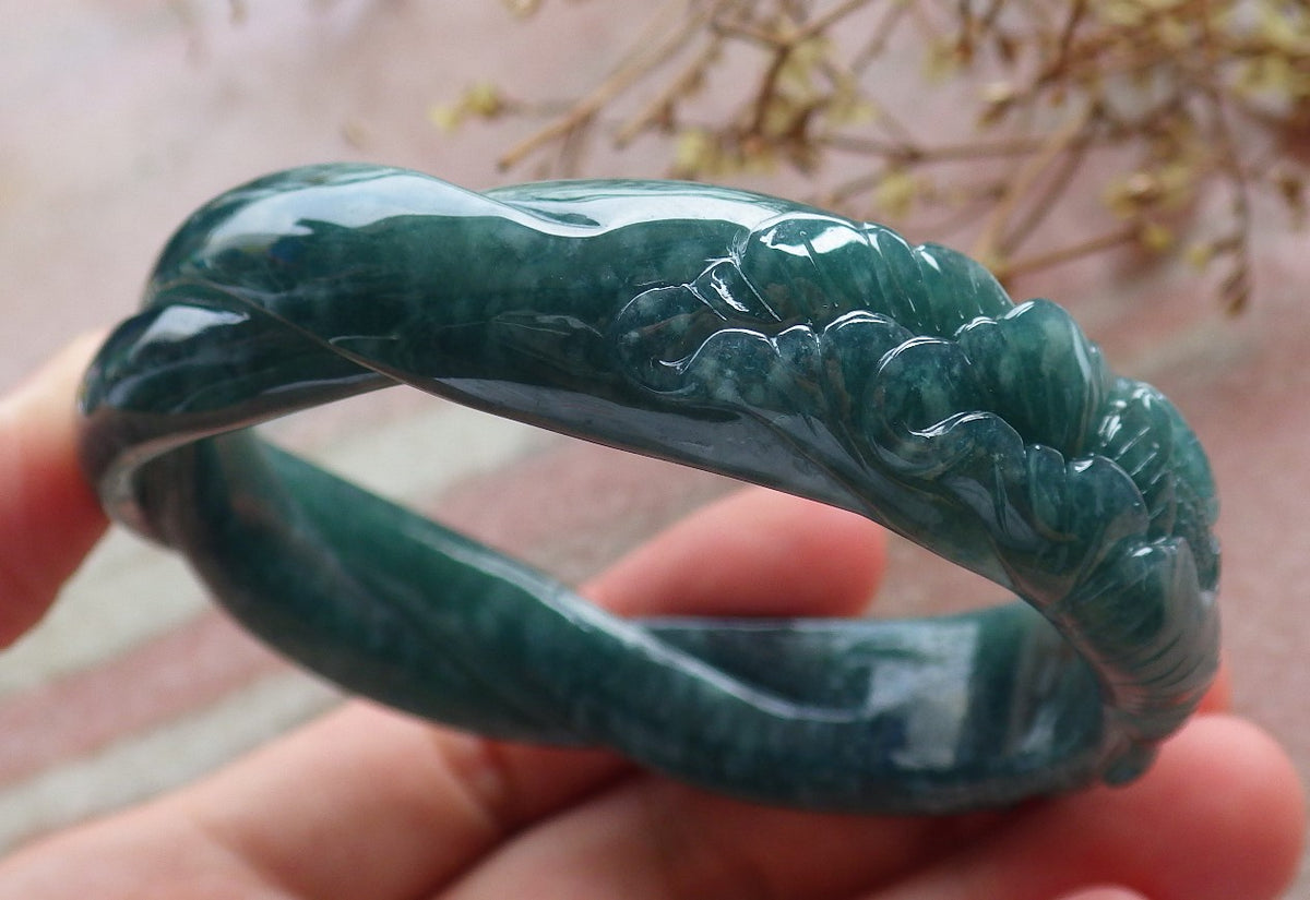 55mm Certified Hand Carved Blue Water Green Natural A JADE Jadeite Rose Flower Knotted Circle Bangle Bracelet