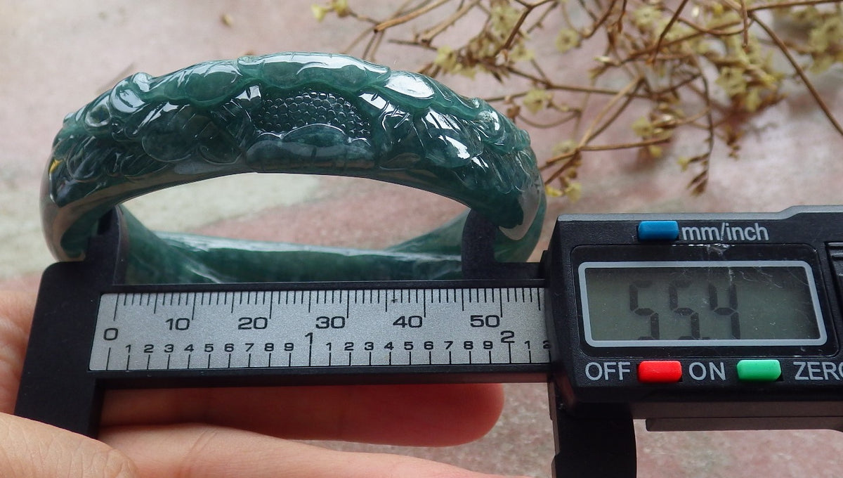 55mm Certified Hand Carved Blue Water Green Natural A JADE Jadeite Rose Flower Knotted Circle Bangle Bracelet