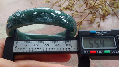 55mm Certified Hand Carved Blue Water Green Natural A JADE Jadeite Rose Flower Knotted Circle Bangle Bracelet